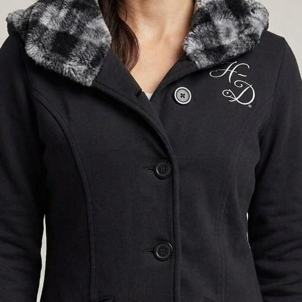 Harley-Davidson H-D Fleece Hooded Button Jacket XL Plaid Fur Collar biker moto